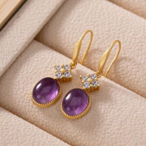 Sterling Silver Gold Natural Amethyst Women's Earrings
